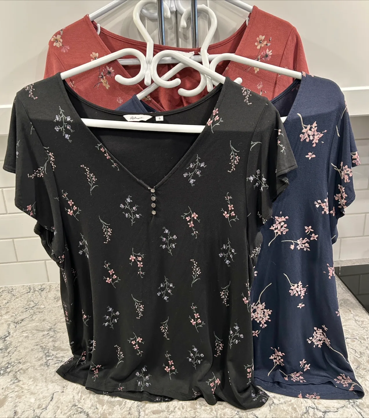 Women’s V Neck Floral Print T-Shirts With Button Neck Detail thumbnail