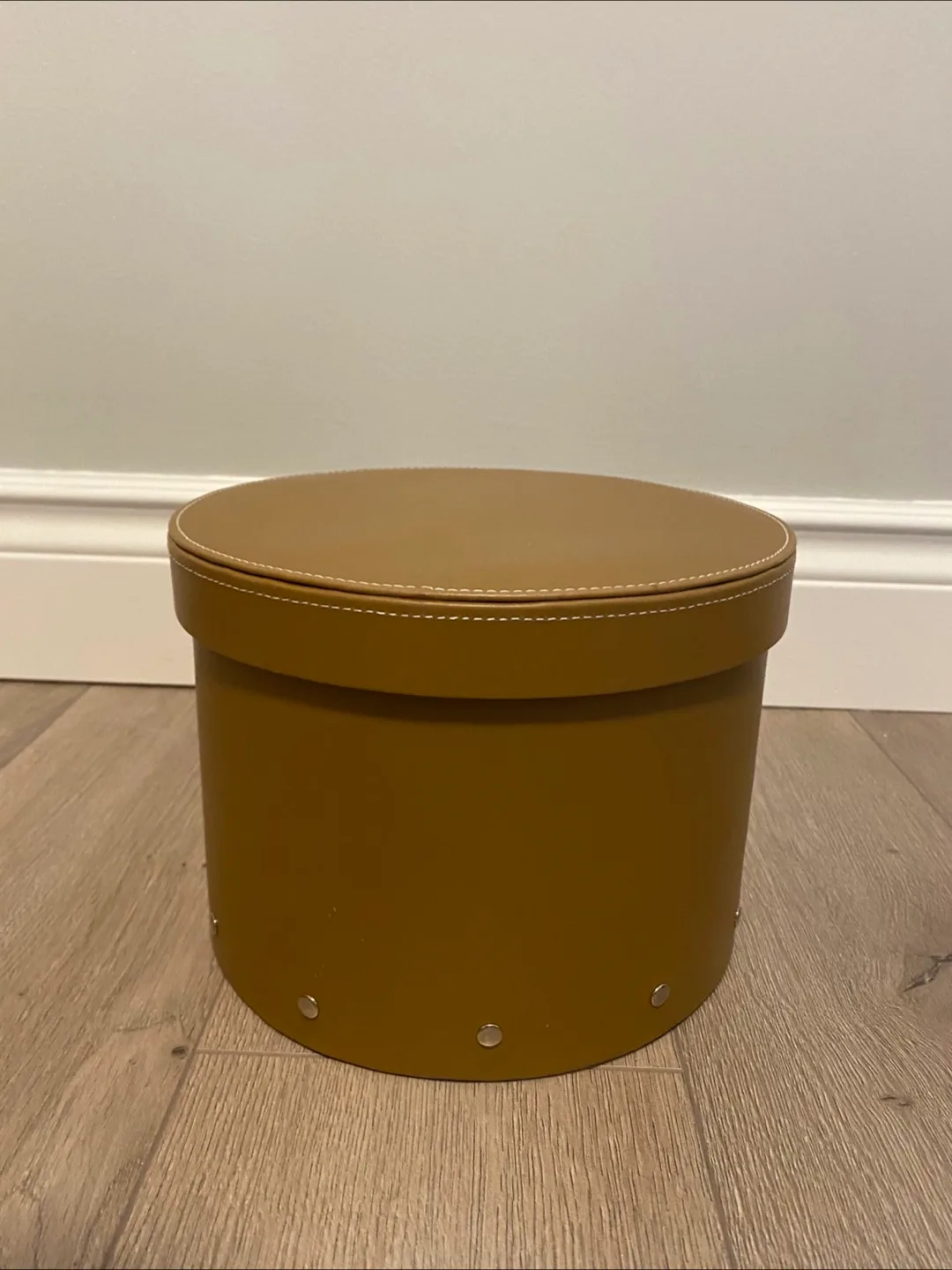 Round Tan Faux Leather Storage Box thumbnail