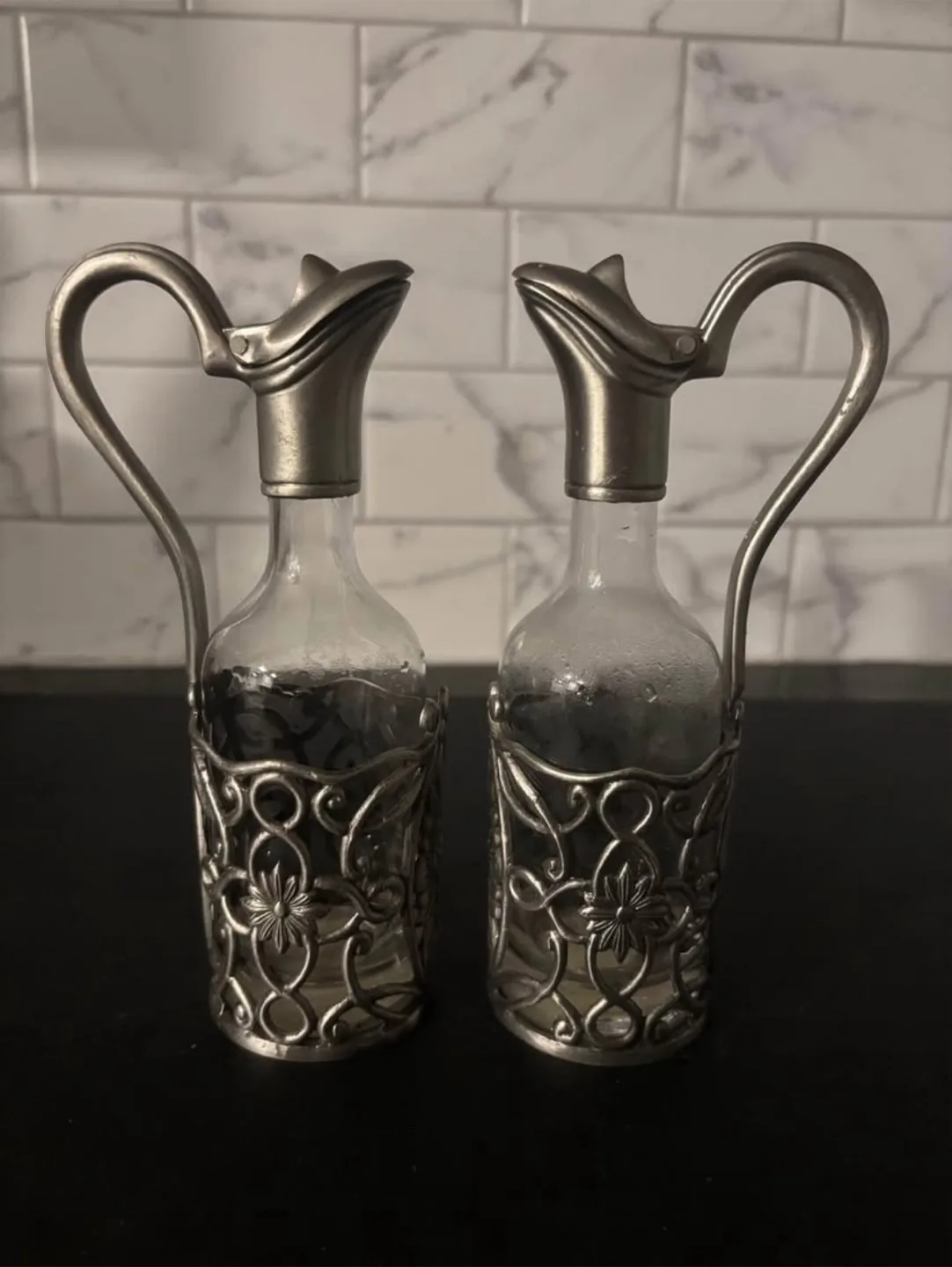 Godinger Neiman Marcus Vintage Glass & Metal Oil and Vinegar Set thumbnail