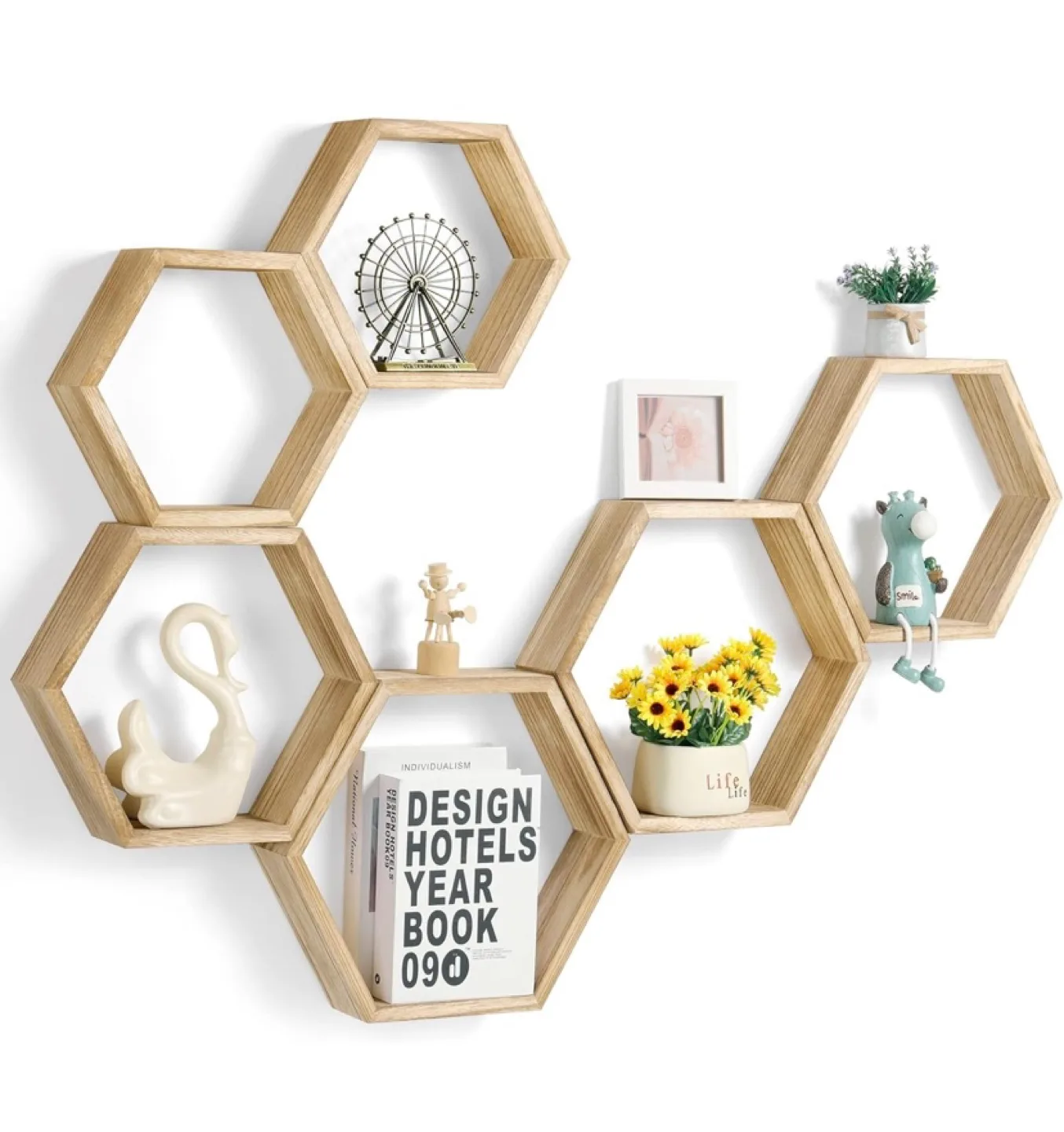 New Hexagon Floating Shelves Set of Six Natural Wood thumbnail