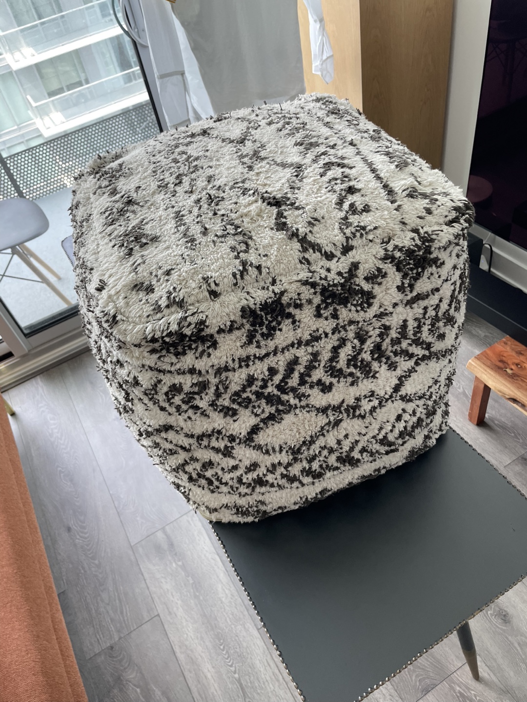Black & White Shaggy Pouf Ottoman