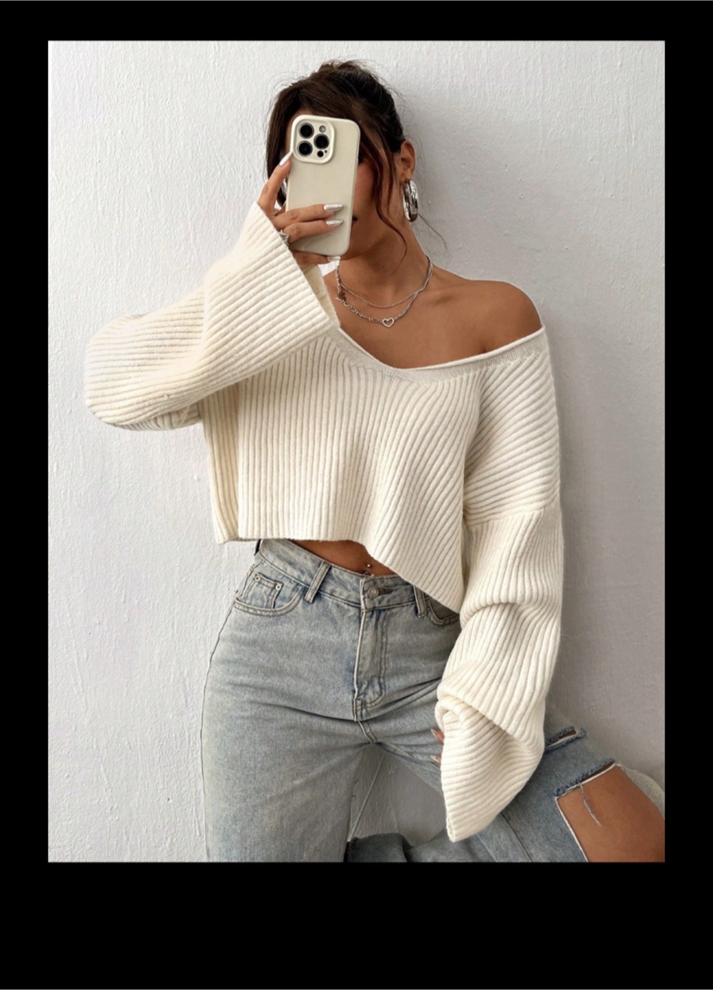 Shein White Knit Cropped Sweater - Size L