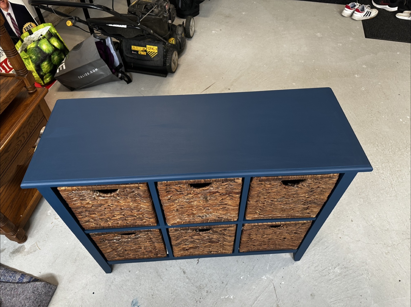 Blue Storage Cabinet with Wicker Baskets