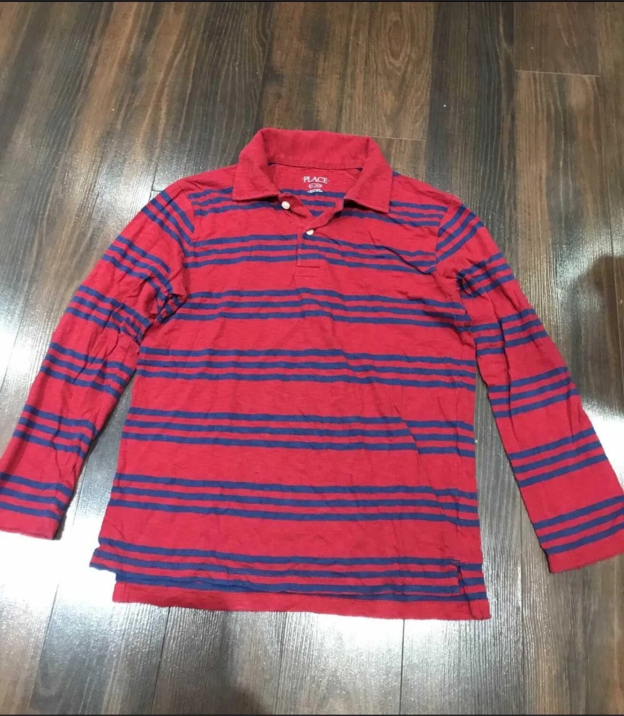 Children’s Place boys 10/12 striped long sleeve polo, red & blue thumbnail