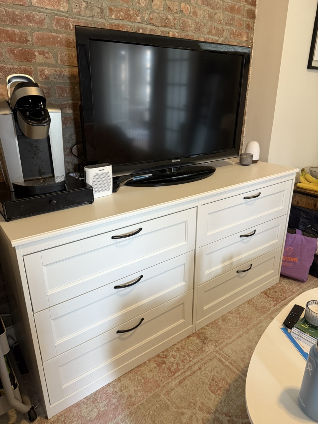 6 Drawer White Dresser with Black Handles