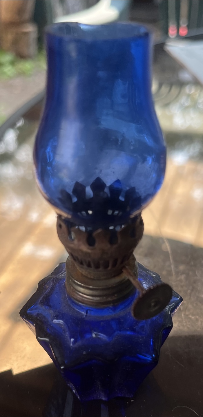 Miniature Blue Glass Oil Lamp