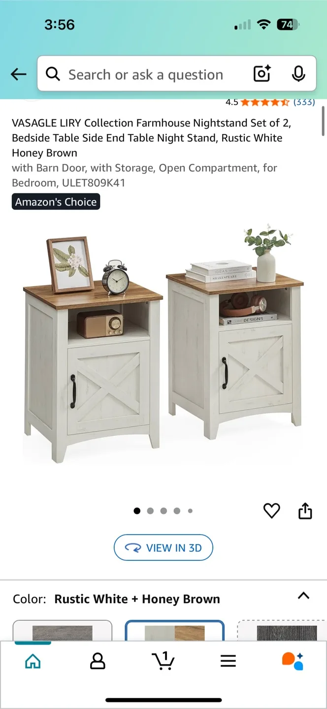 VASAGLE Farmhouse Nightstand - Rustic White/Honey Brown thumbnail