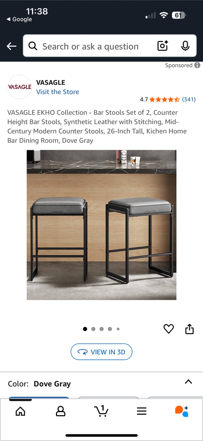 VASAGLE EKHO Bar Stool - Dove Gray