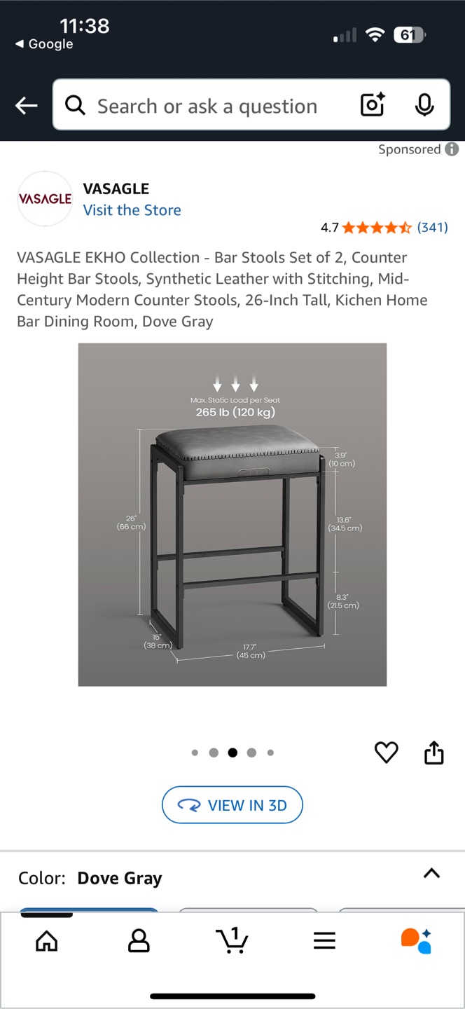 VASAGLE EKHO Bar Stool - Dove Gray - photo 2