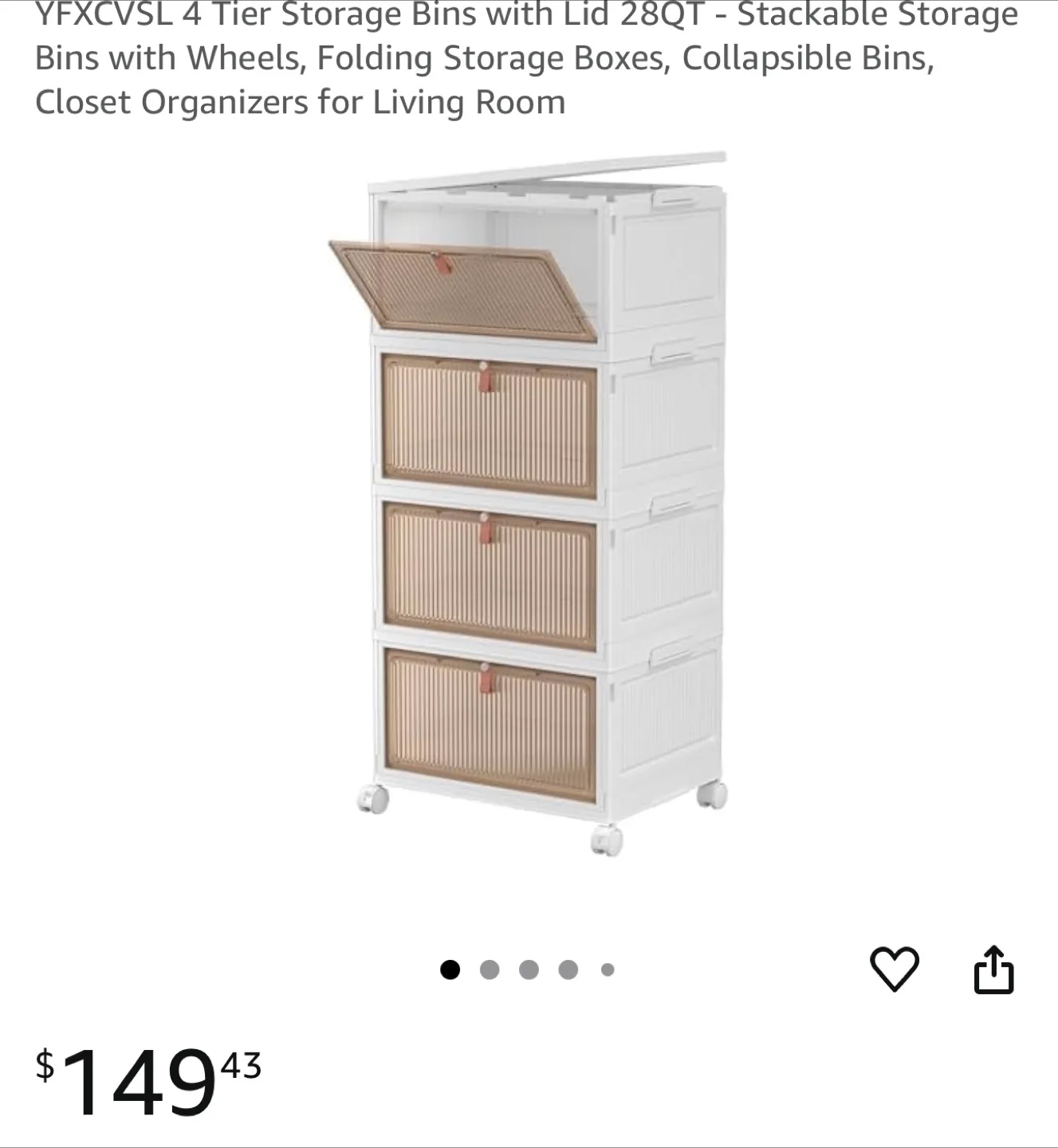 4 Tier Folding Storage Box with Wheels - White thumbnail