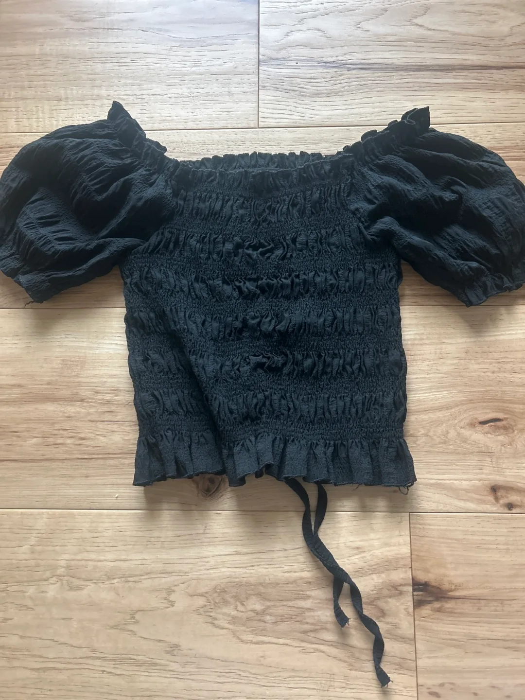 Black Puffed Sleeve Shirred Ruched Off the shoulder crop top thumbnail