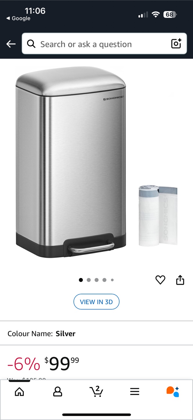 SONGMICS 8 Gallon Stainless Steel Trash Can - Silver