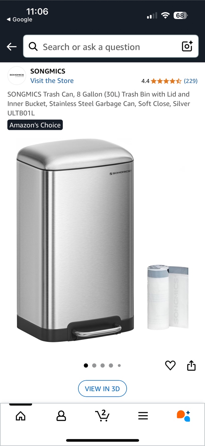 SONGMICS 8 Gallon Stainless Steel Trash Can - Silver - photo 2