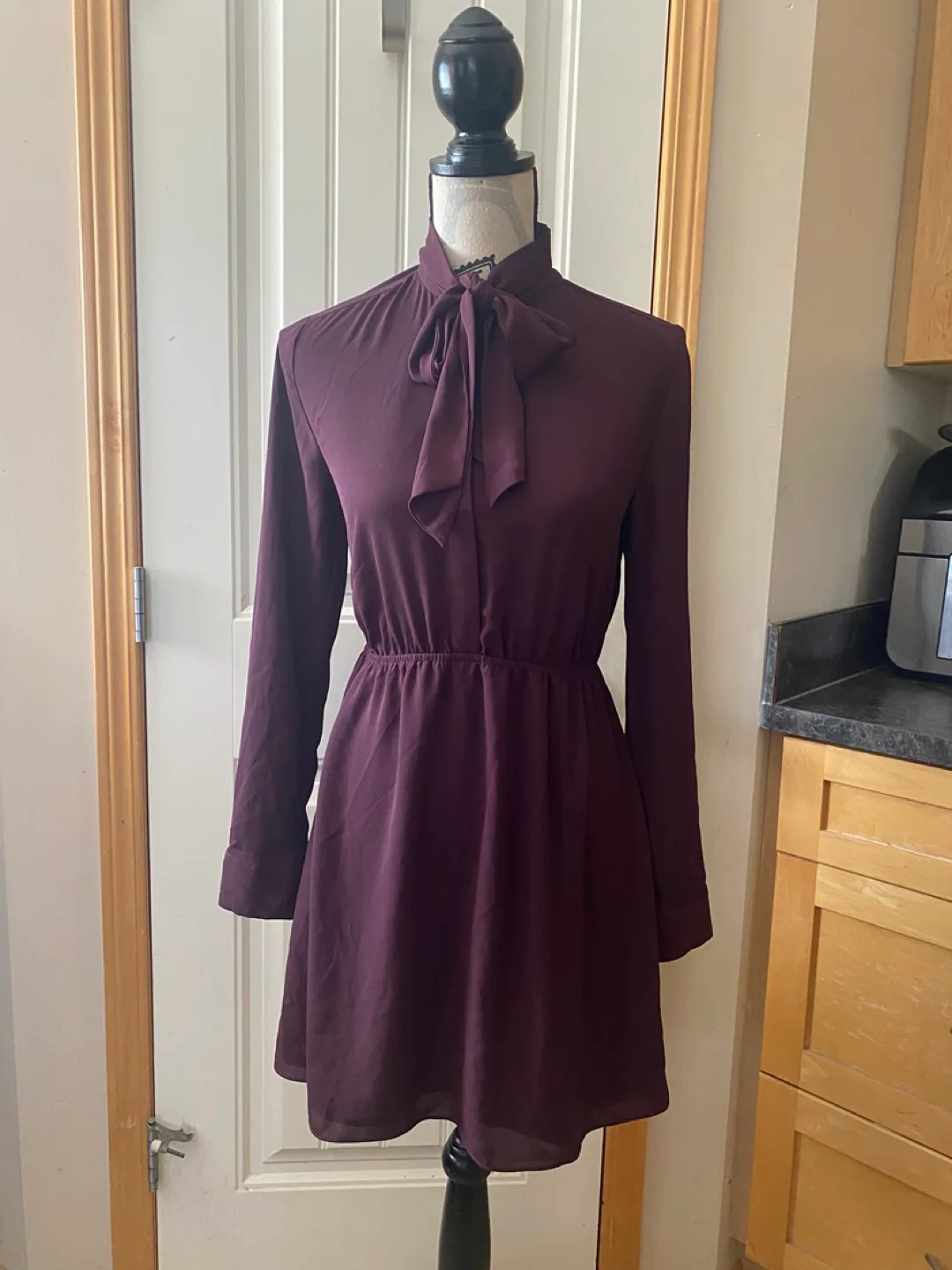 Sunday Best Burgundy Tie-Neck Long Sleeve Dress thumbnail