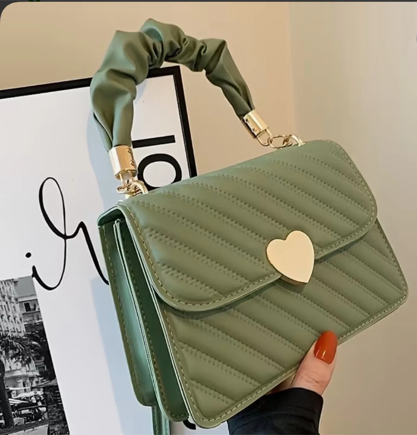 Green Quilted Handbag with Heart Clasp thumbnail