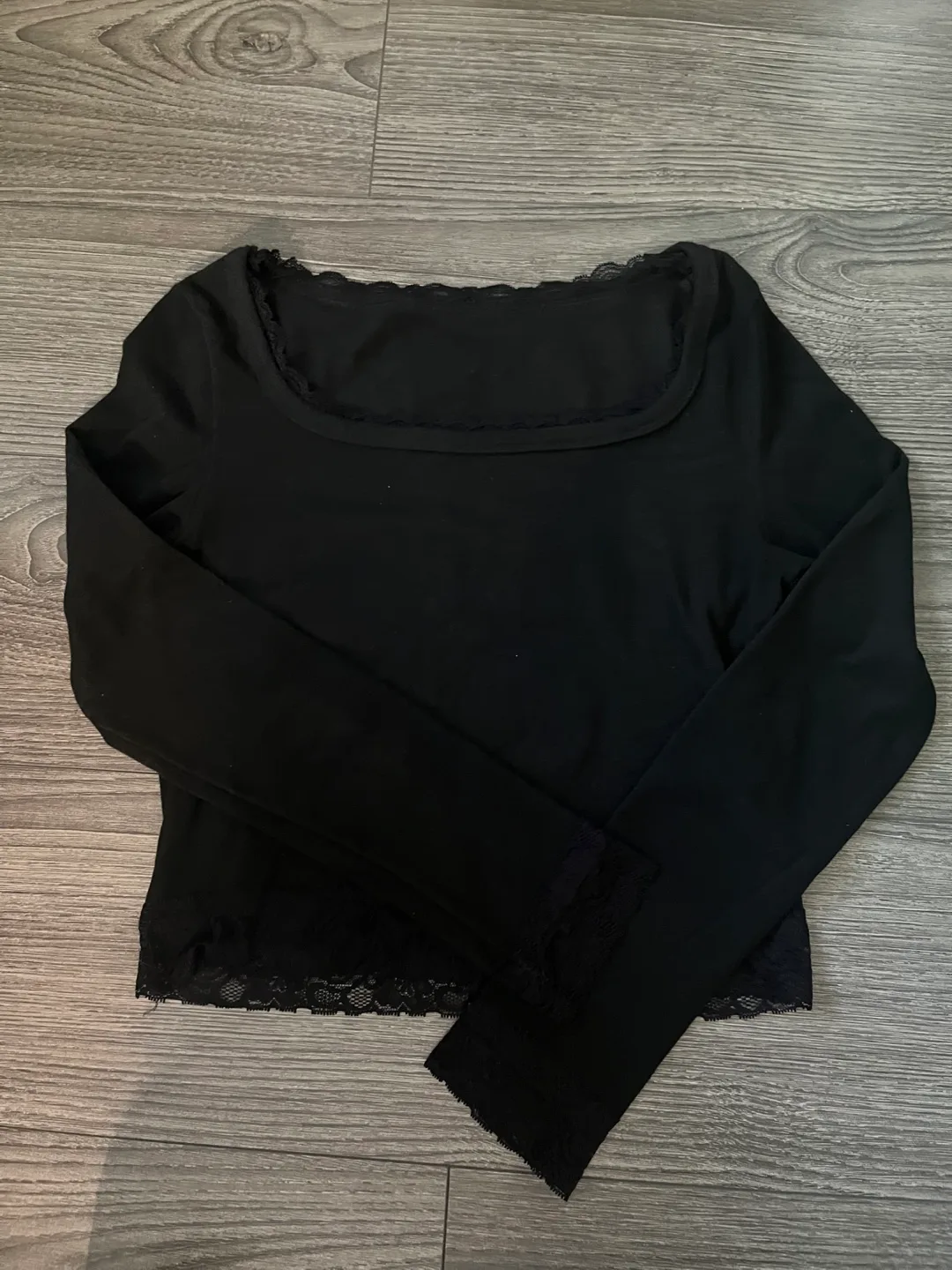 Black Long Sleeve Lace Trim Top thumbnail