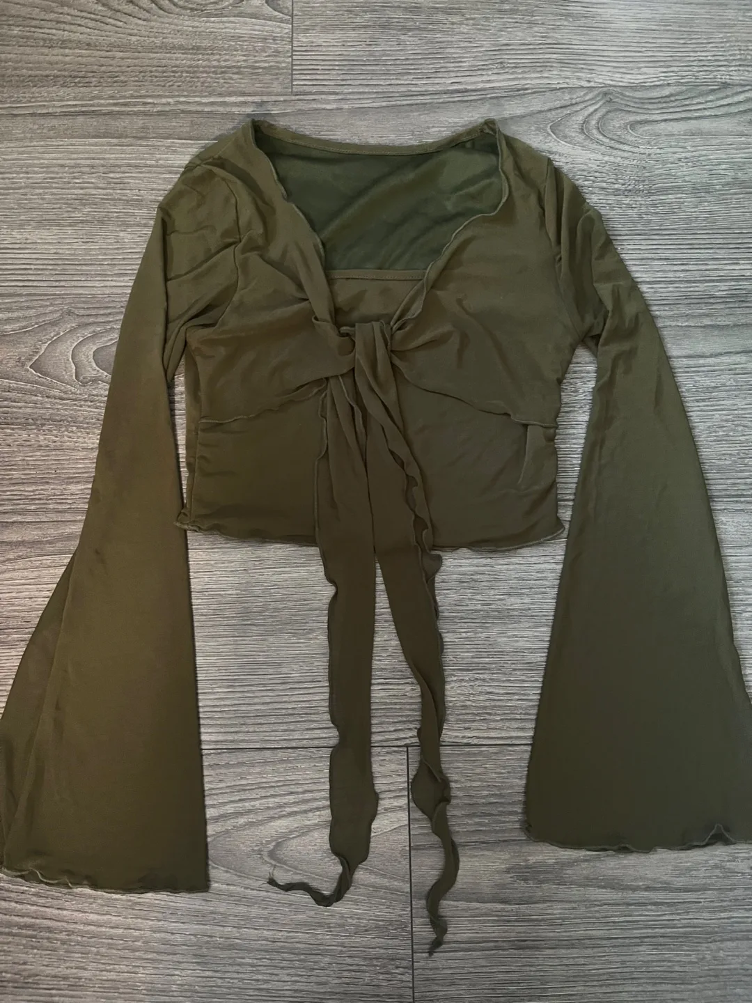 Olive Green Tie Front Long Sleeve Top thumbnail