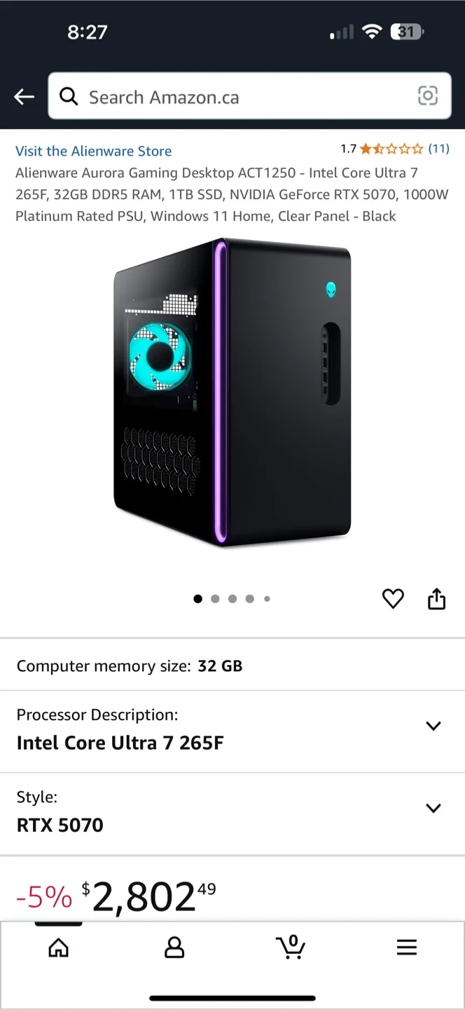 Alienware Aurora ACT1250 Gaming Desktop thumbnail