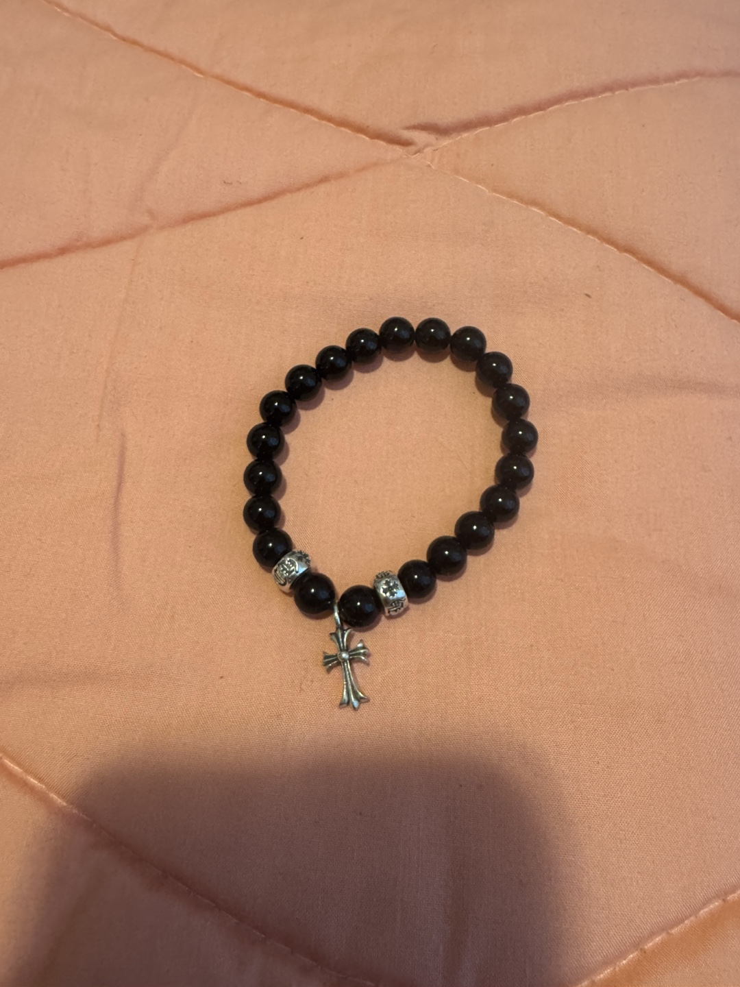 Black Beaded Bracelet with Cross Charm
