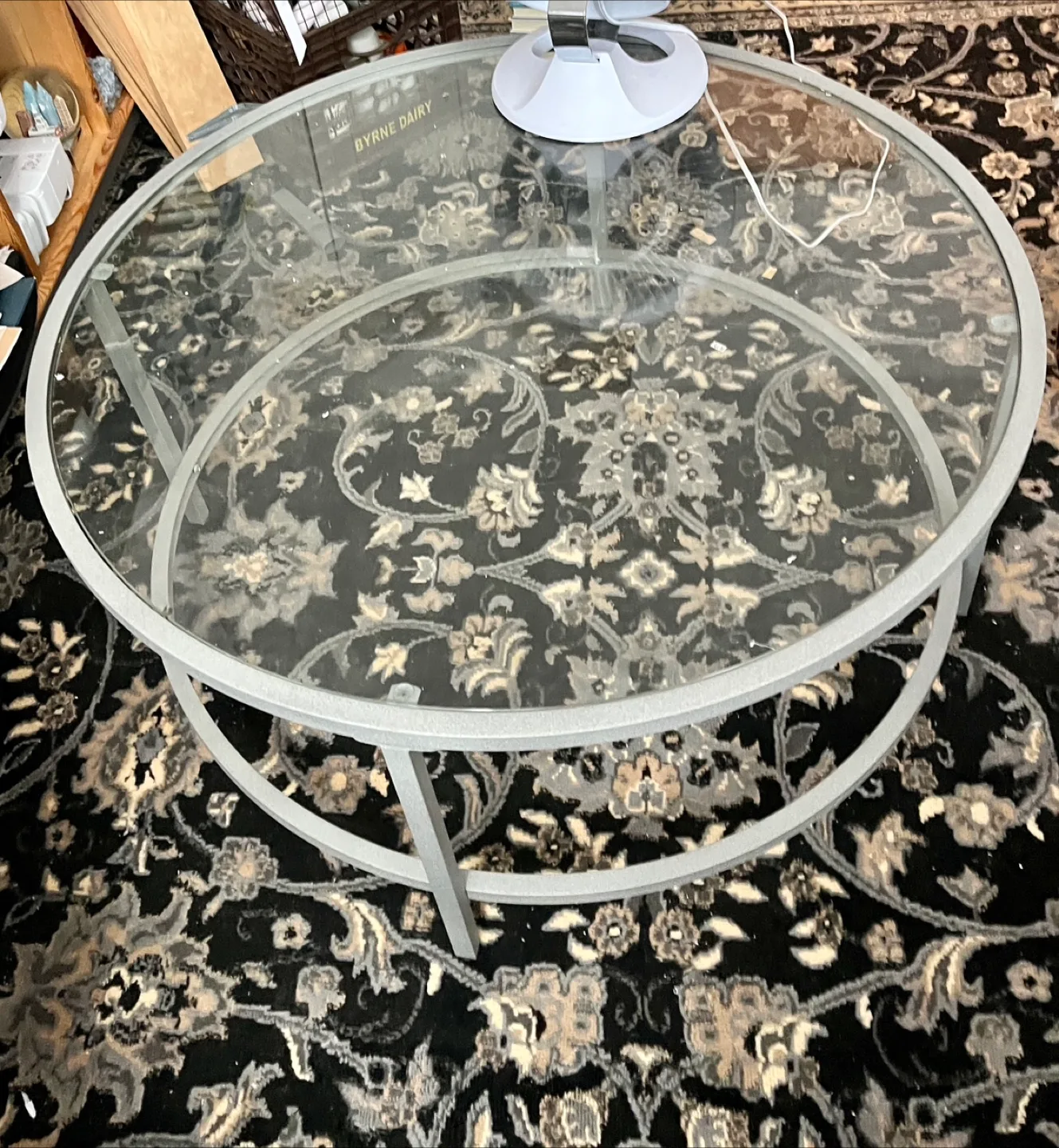 Round Glass Top Coffee Table with Gray Frame thumbnail