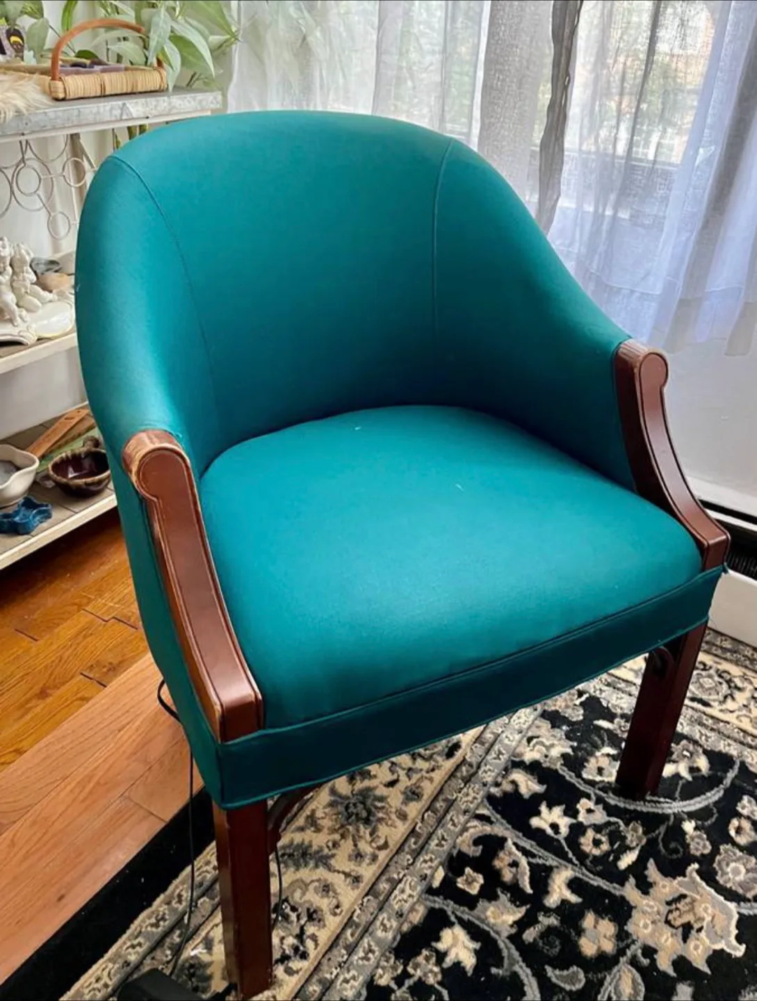 Teal Green Barrel Chair w/ Dark Wood Accents - Fair Condition 🥕 thumbnail