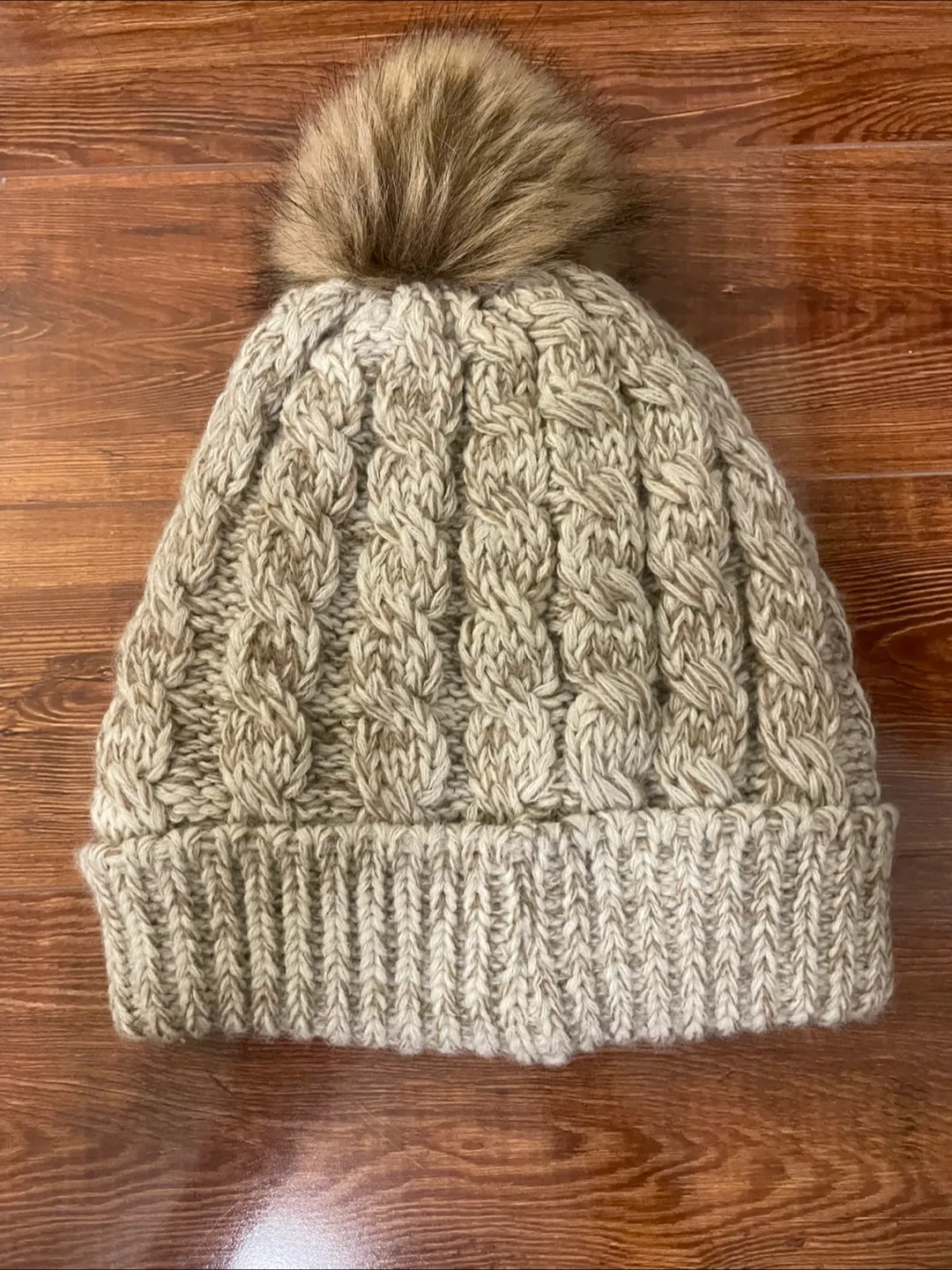 Knit Beanie with Pom Pom - Beige thumbnail