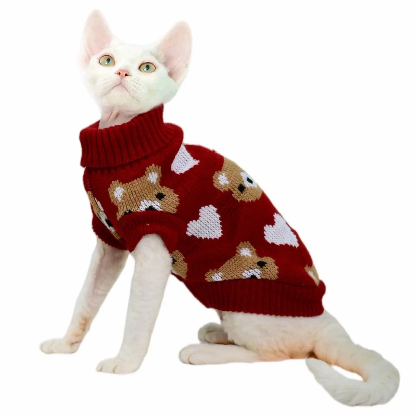 Red Knit Cat Sweater with Bear Design thumbnail