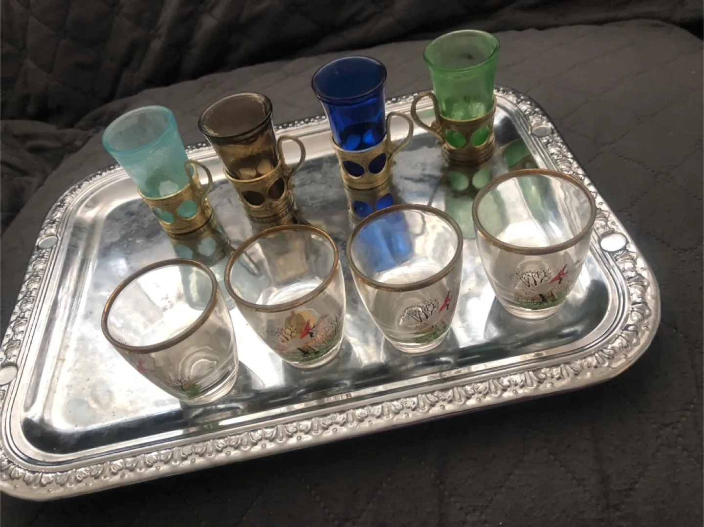 Vintage Coloured Shot Glasses with Silver Tray thumbnail