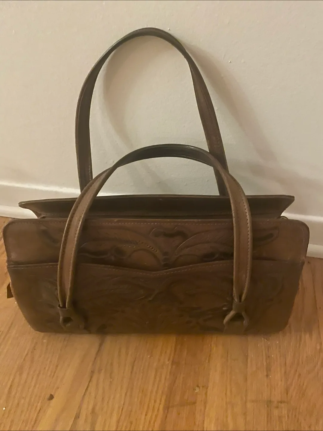 Vintage Brown Leather Embossed Handbag thumbnail