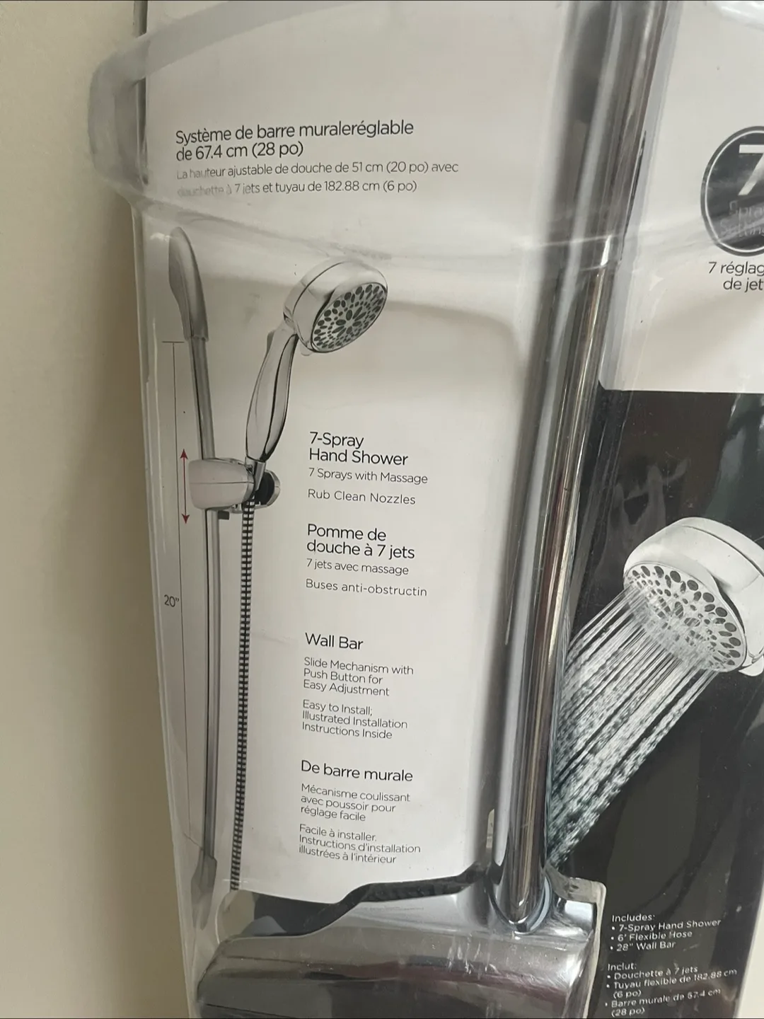 Chrome 28" Wall Bar System, 7-Spray Hand Shower - New thumbnail