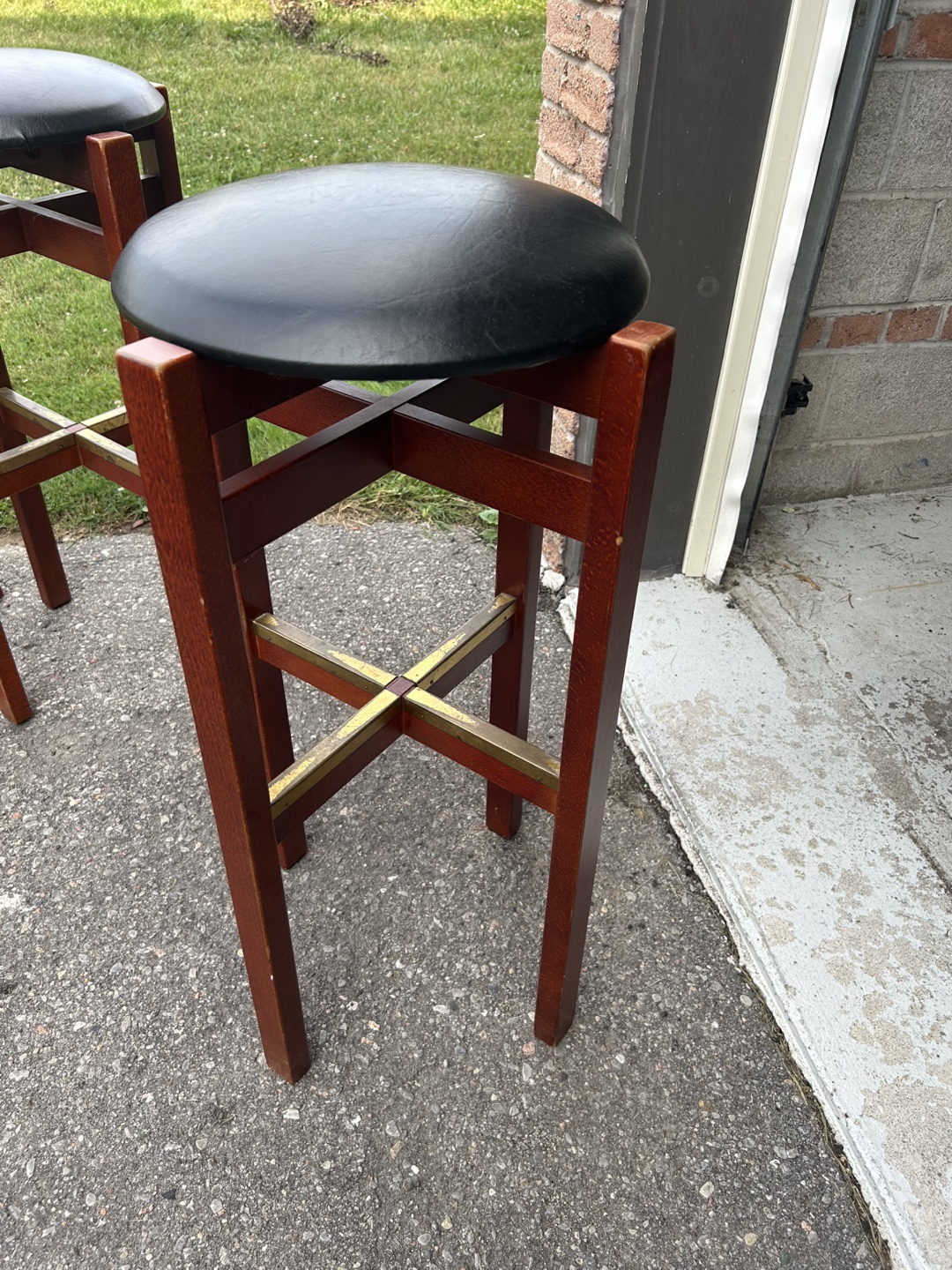 Set of 4 Bar Stools - Black Seat, Wood Frame