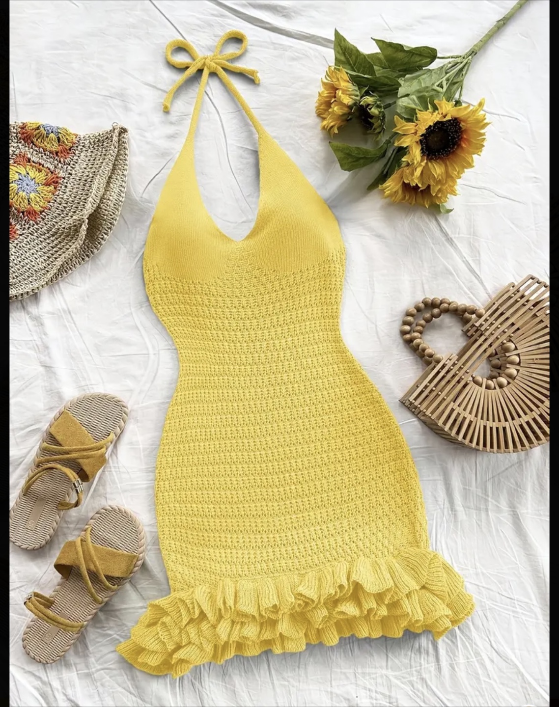 Yellow Ruffle Hem Halter Knit Mini Dress