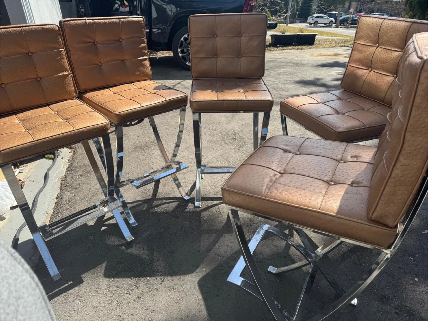 Set of 5 Golden Brown Leather Bar Stools thumbnail