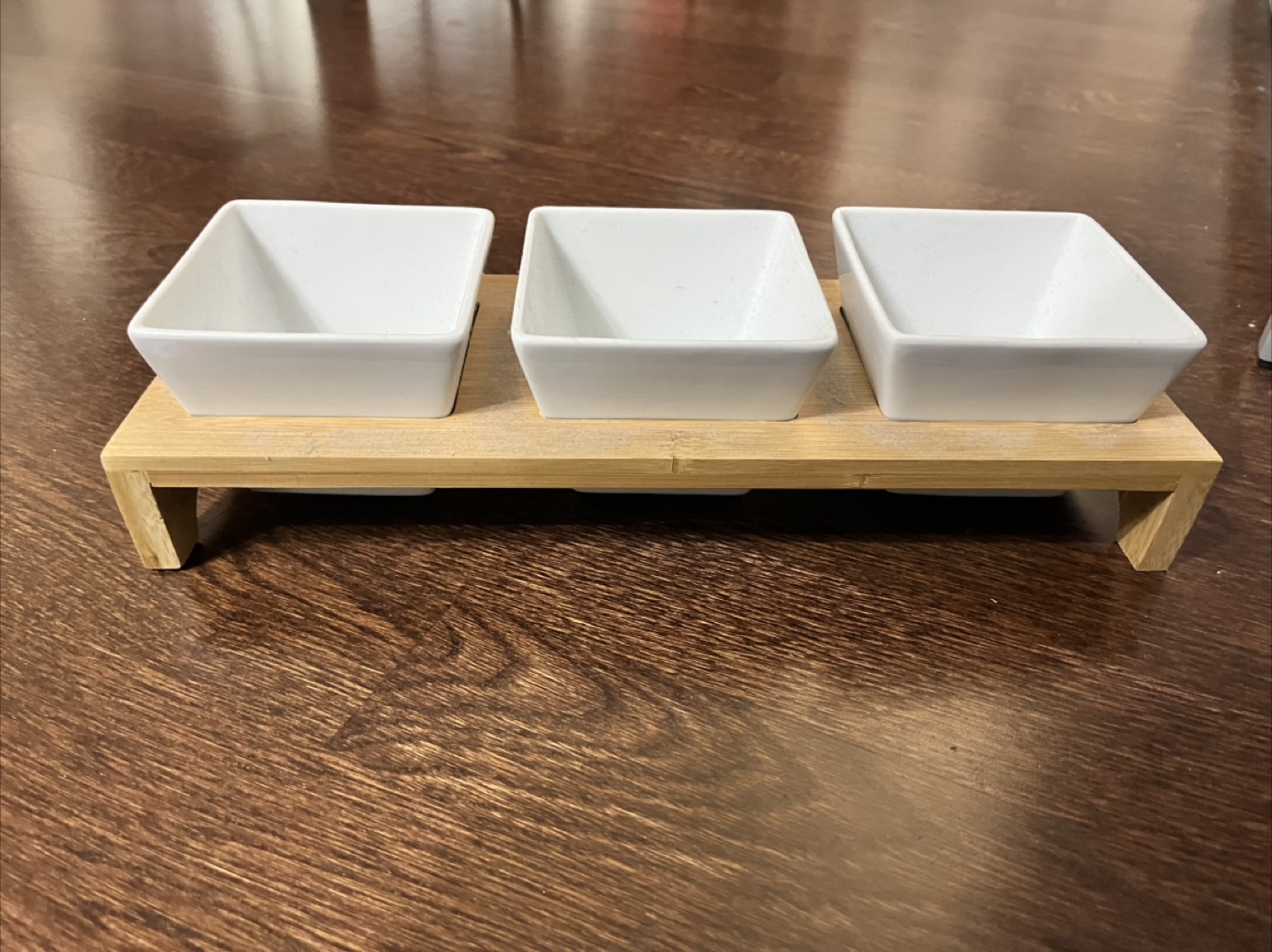 White Ceramic Condiment Bowls with Bamboo Tray