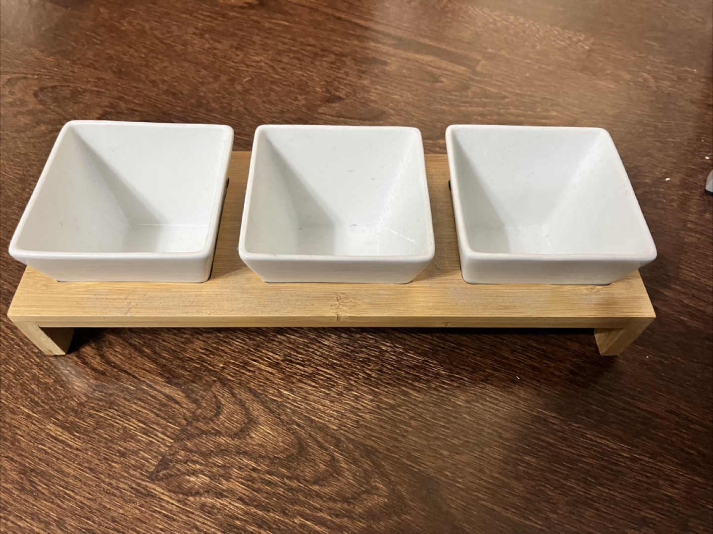 White Ceramic Condiment Bowls with Bamboo Tray - photo 2