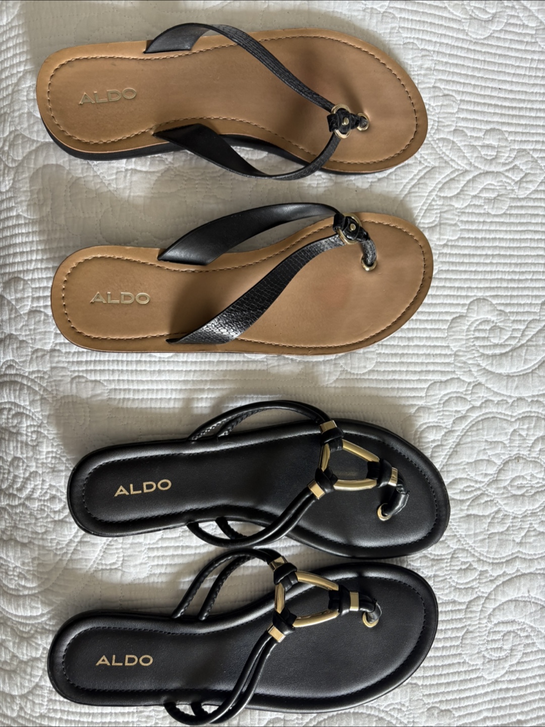 ALDO Black & Tan Flip Flops.  Size 8