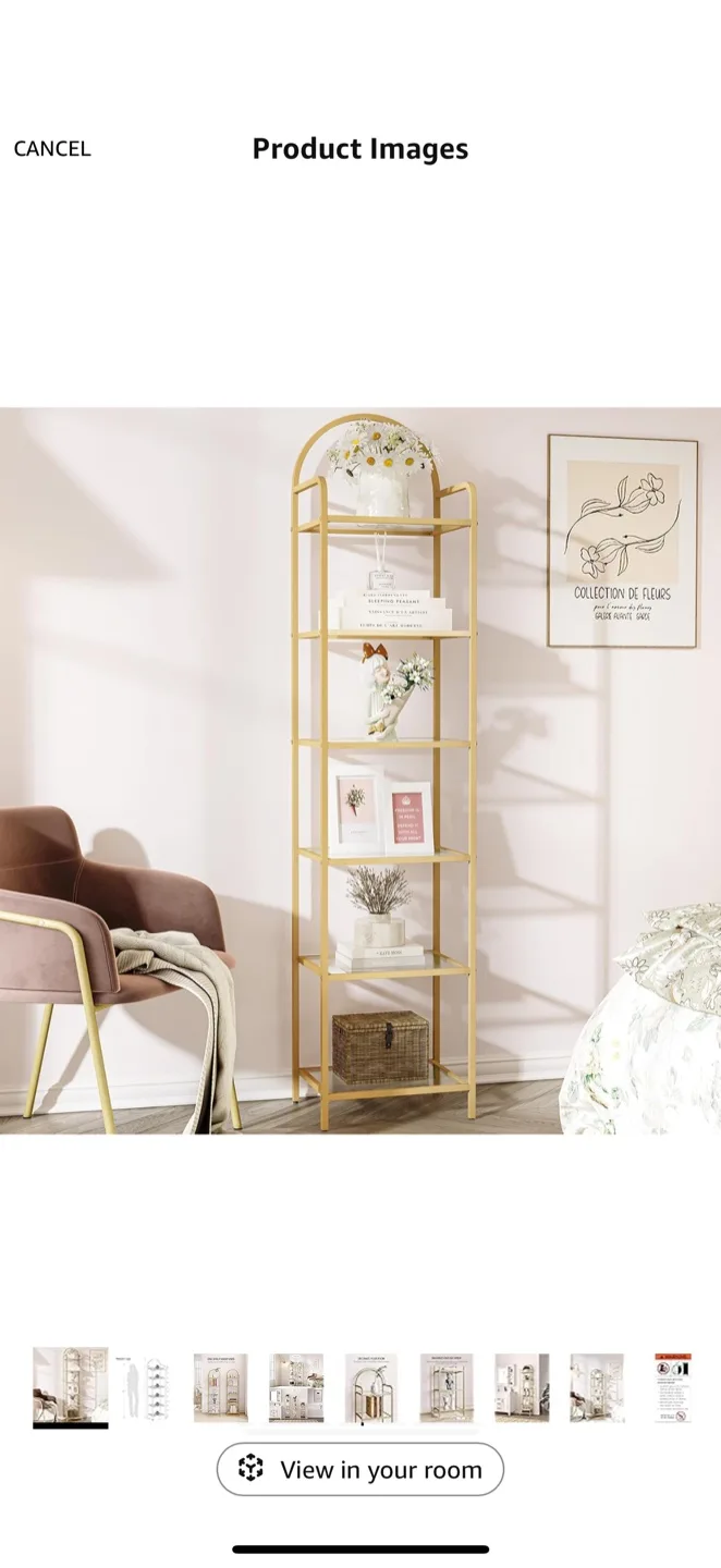 Gold Metal & Glass Shelf Bookcase - 71" Tall image indicator(4)