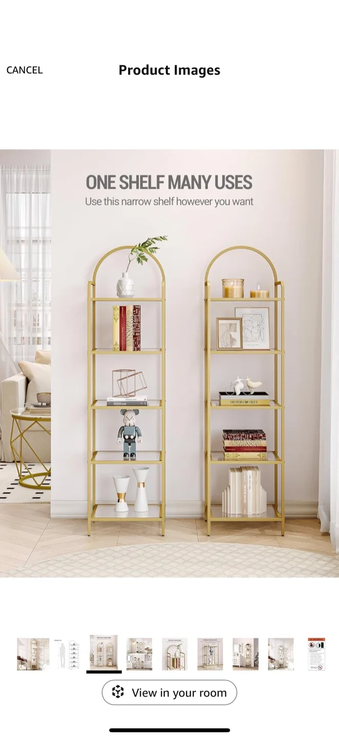 Gold Metal & Glass Shelf Bookcase - 71" Tall image indicator(2)
