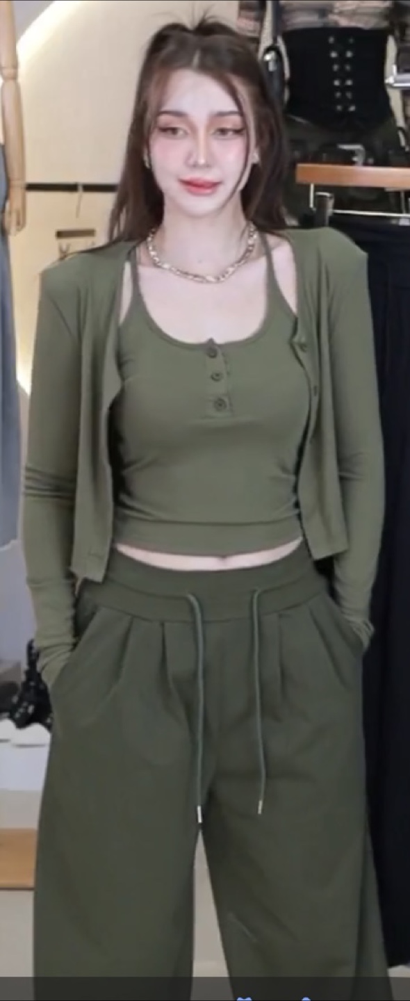 Green 3-piece set: long sweatpants, camisole and shirt - photo 5