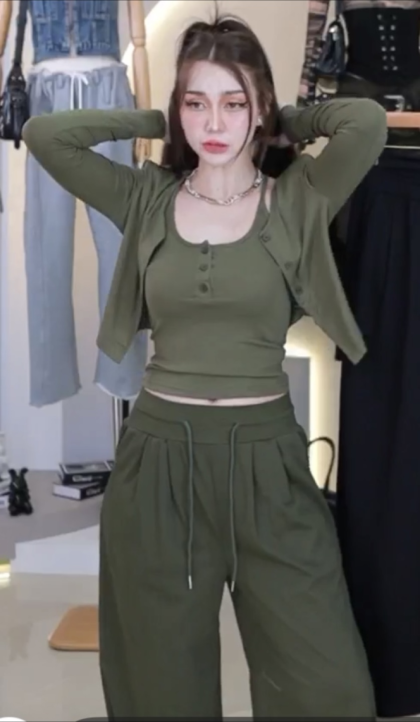 Green 3-piece set: long sweatpants, camisole and shirt - photo 3