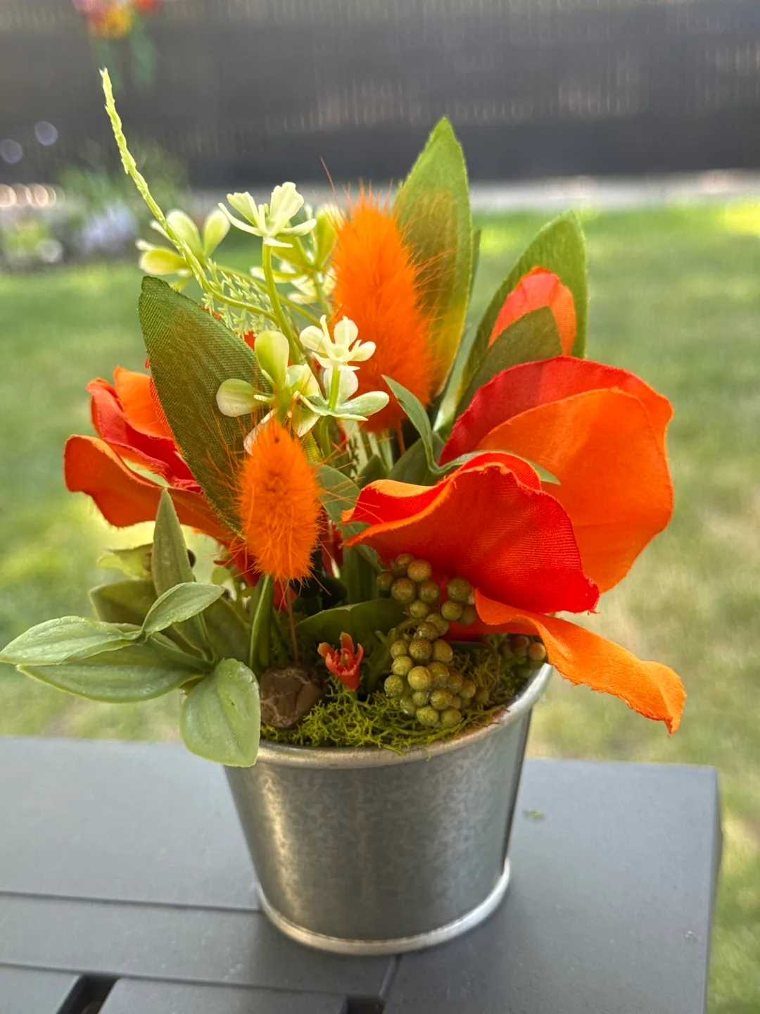 Orange Floral Arrangement in Metal Pot thumbnail
