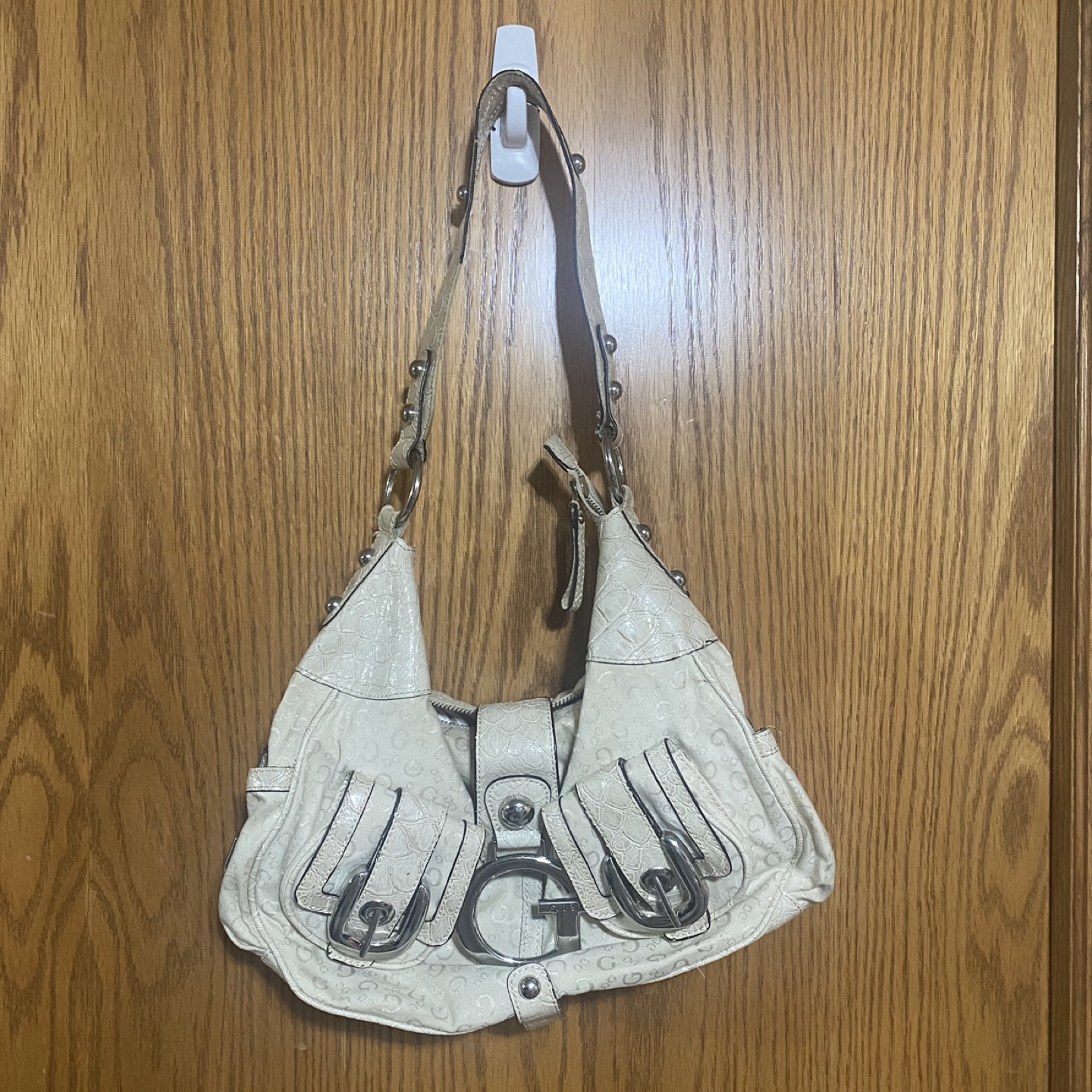 Guess Cream Shoulder Bag with Buckle Details