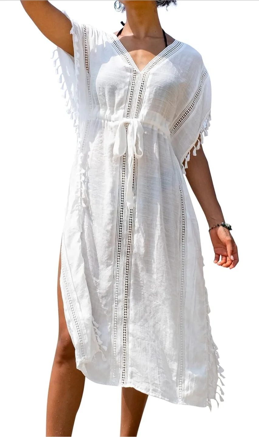 NEW! CUPSHE Cover Up Tassel Trim Belted Midi Length Beachdress thumbnail