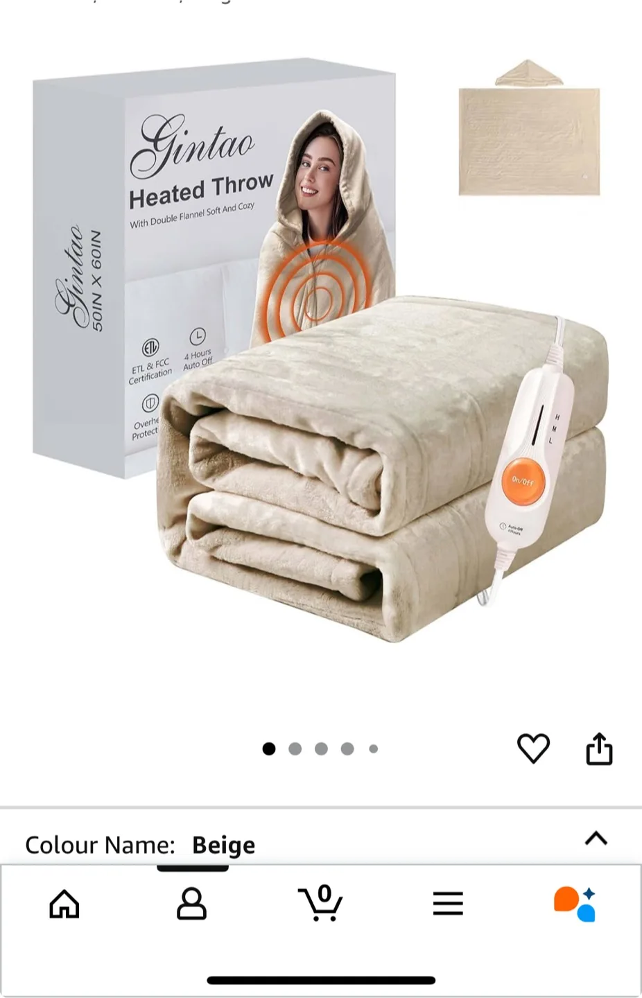 Gintao Heated Throw Blanket, Beige, 50x60 in thumbnail