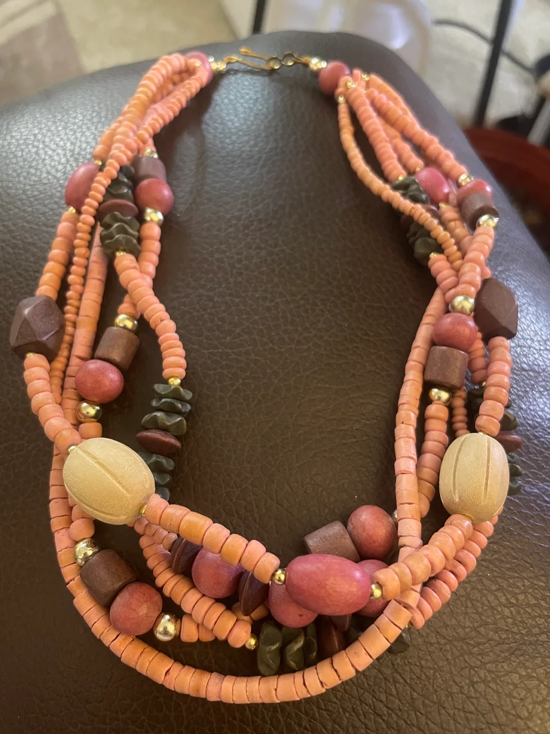 Beaded Statement Necklace - Coral & Wood thumbnail
