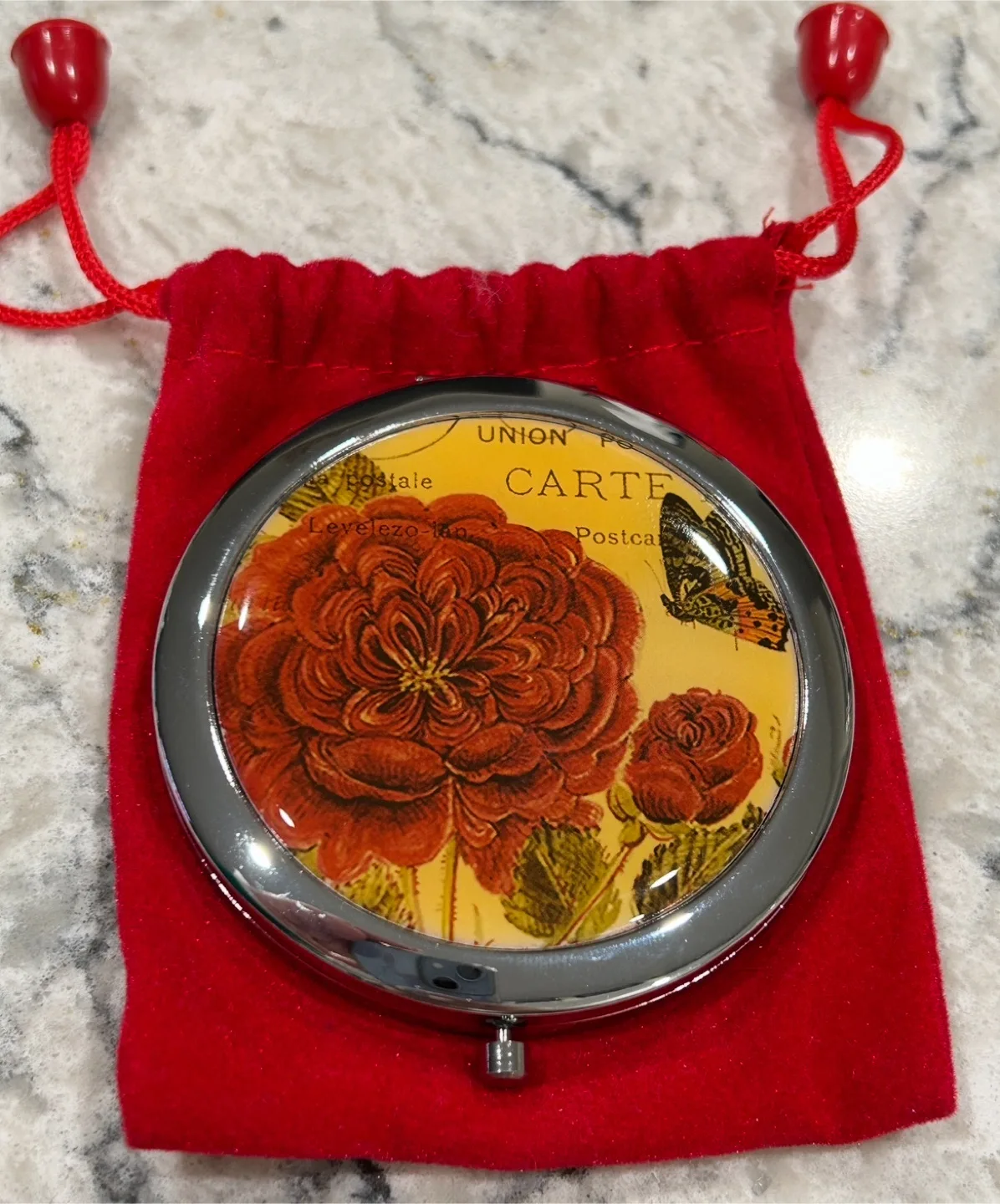Compact Mirror with Floral Design & Red Pouch thumbnail