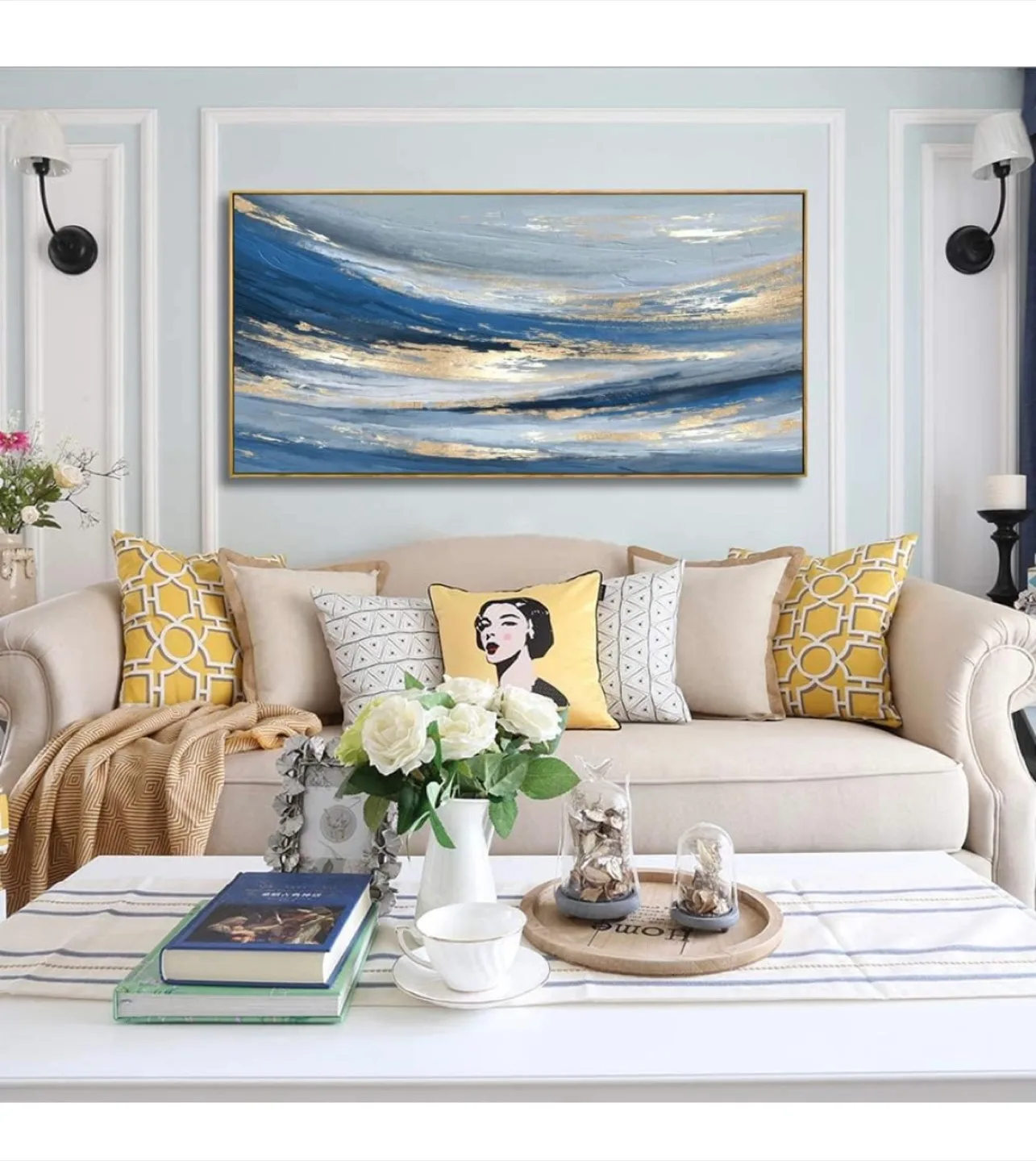 Abstract Wave Painting - Blue, Grey & Gold thumbnail