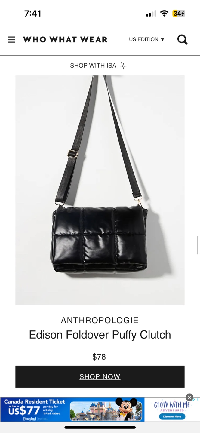 Anthropologie Edison Foldover Puffy Clutch - Black