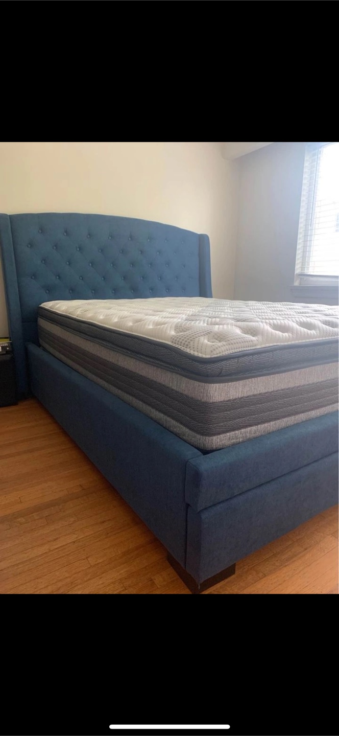 Blue Upholstered Bed Frame with Storage