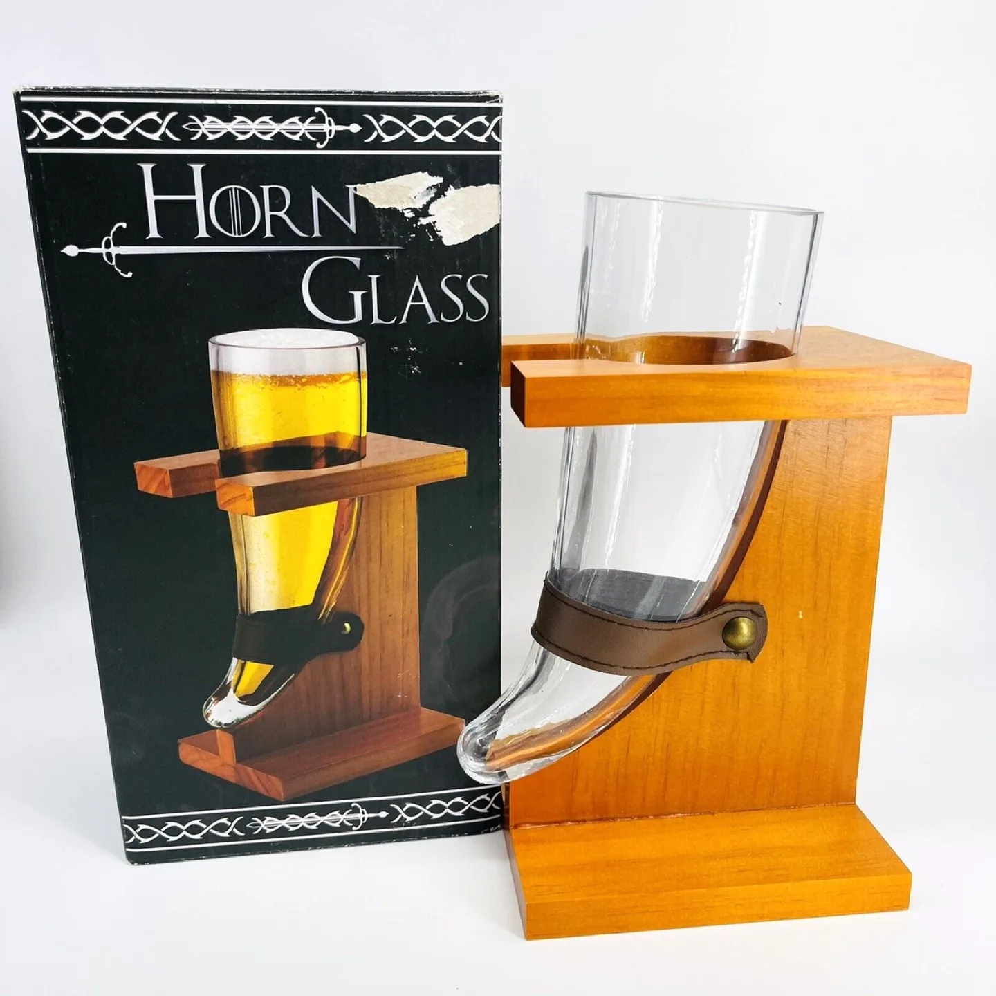 SPENCERS VIKING MEDIEVAL HORN GLASS W.WOOD STAND thumbnail